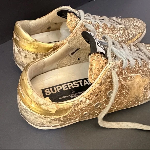 Golden Goose Women's Gold Glitter Low-Top Sneakers with Metallic Star - Picture 3 of 16